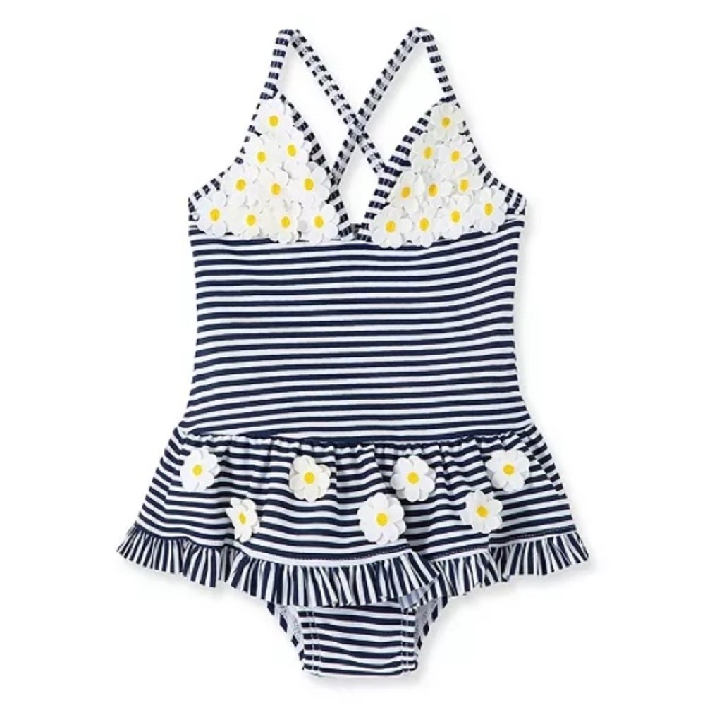 Little Me Navy and White Gingham Swimsuit with Daisy Details